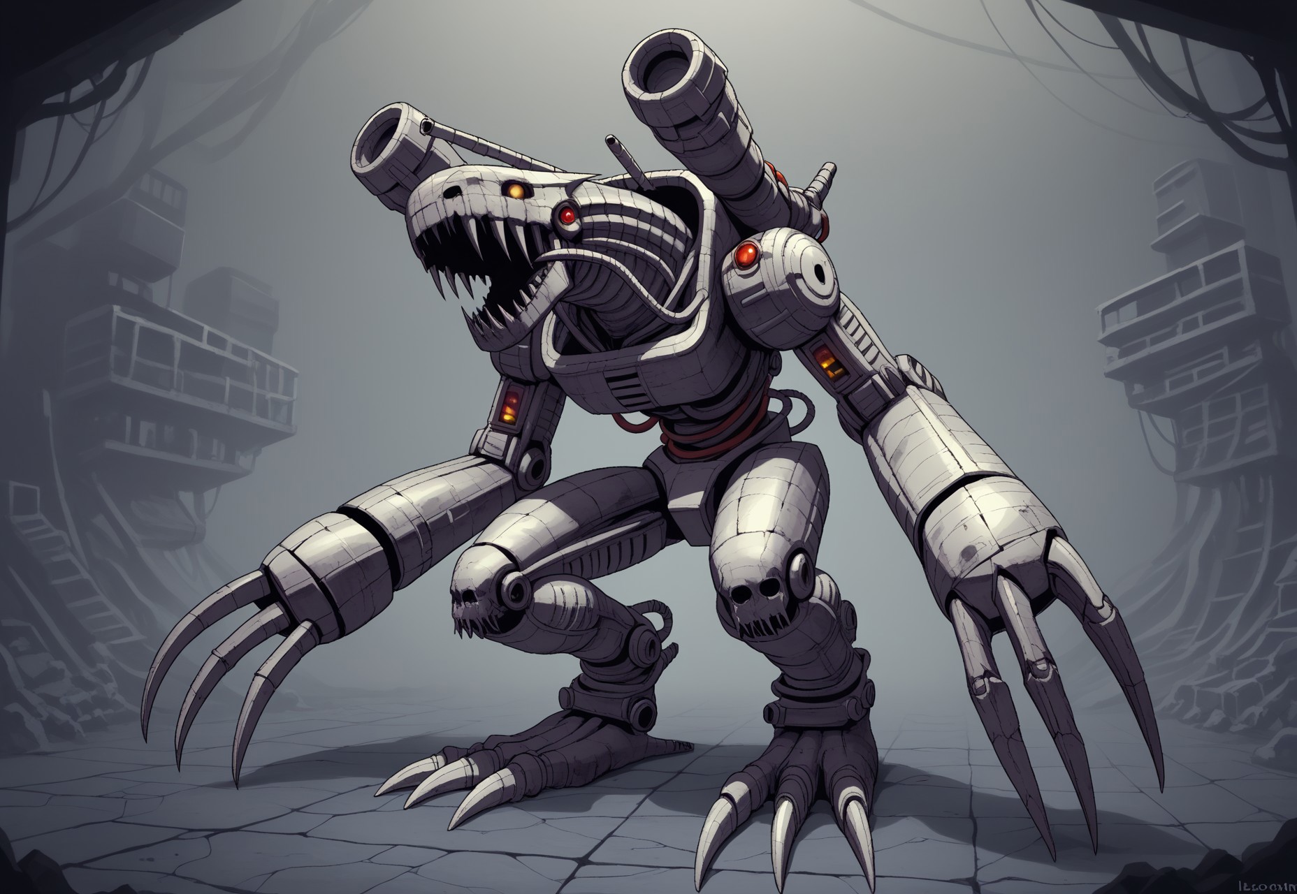 long arms, bad composition,highly detailed Metal skin,, error, horror, scary(Cybernetic), Machine claws,, Shining Metal skin, Full Body shot, l, cables, dynamics, , desolate, dim light, , sharp claws,), exoskeleton, metallic nightmare rusty skin, 1boy, horns, ruining, 