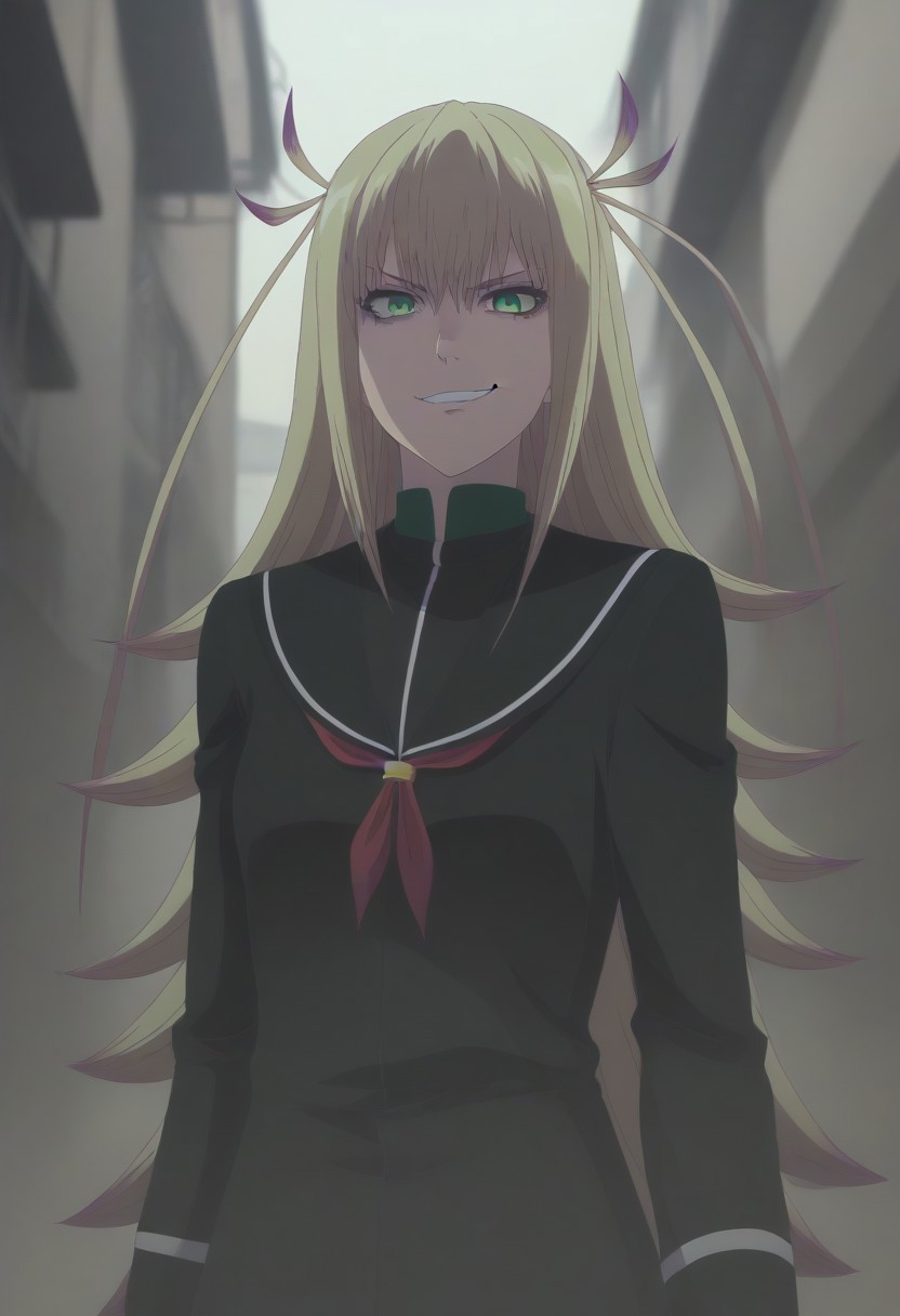<lora:SlimesKanonIsui:1>, slimes_kanonisui, woman, solo, green eyes, alley background, evil smirk