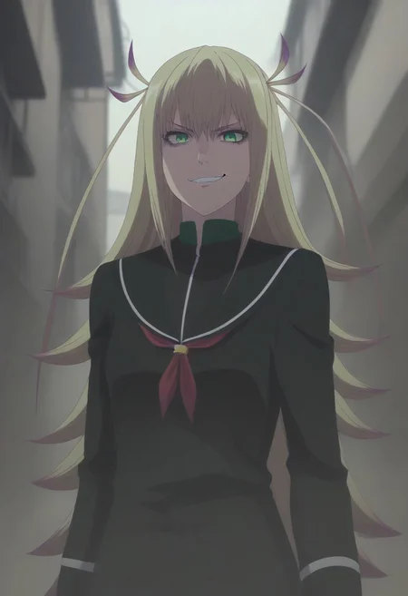 <lora:SlimesKanonIsui:1>, slimes_kanonisui, woman, solo, green eyes, alley background, evil smirk