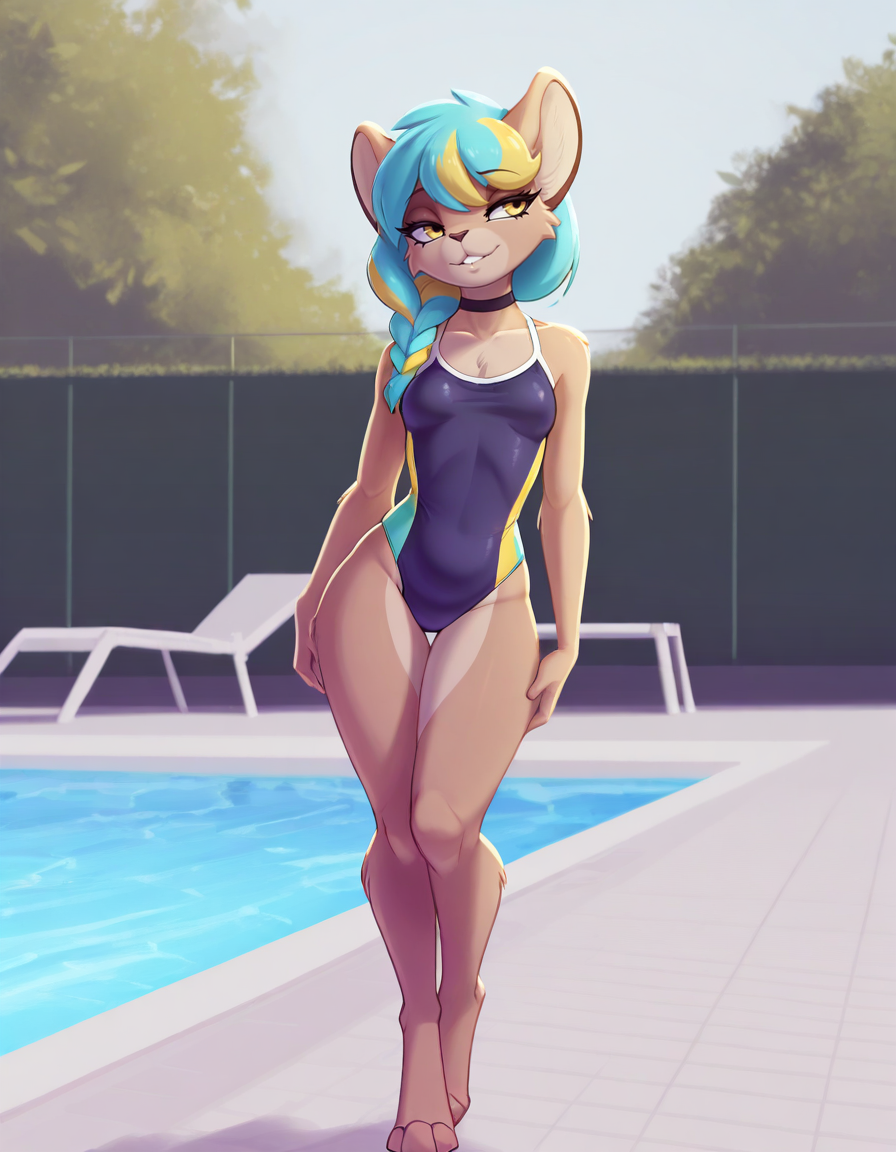 masterpiece, best quality,
outdoors, poolside, day, 
full body,seductive smile,parted lips,long eyelashes,
standing, 
swimsuit, small breasts,
 <lora:Elice_v03_ILXL:1>,
Elice,1girl,solo,furry female,long hair,multicolored hair,single braid,animal ears,yellow eyes,animal nose,body fur,two-tone fur,black choker,