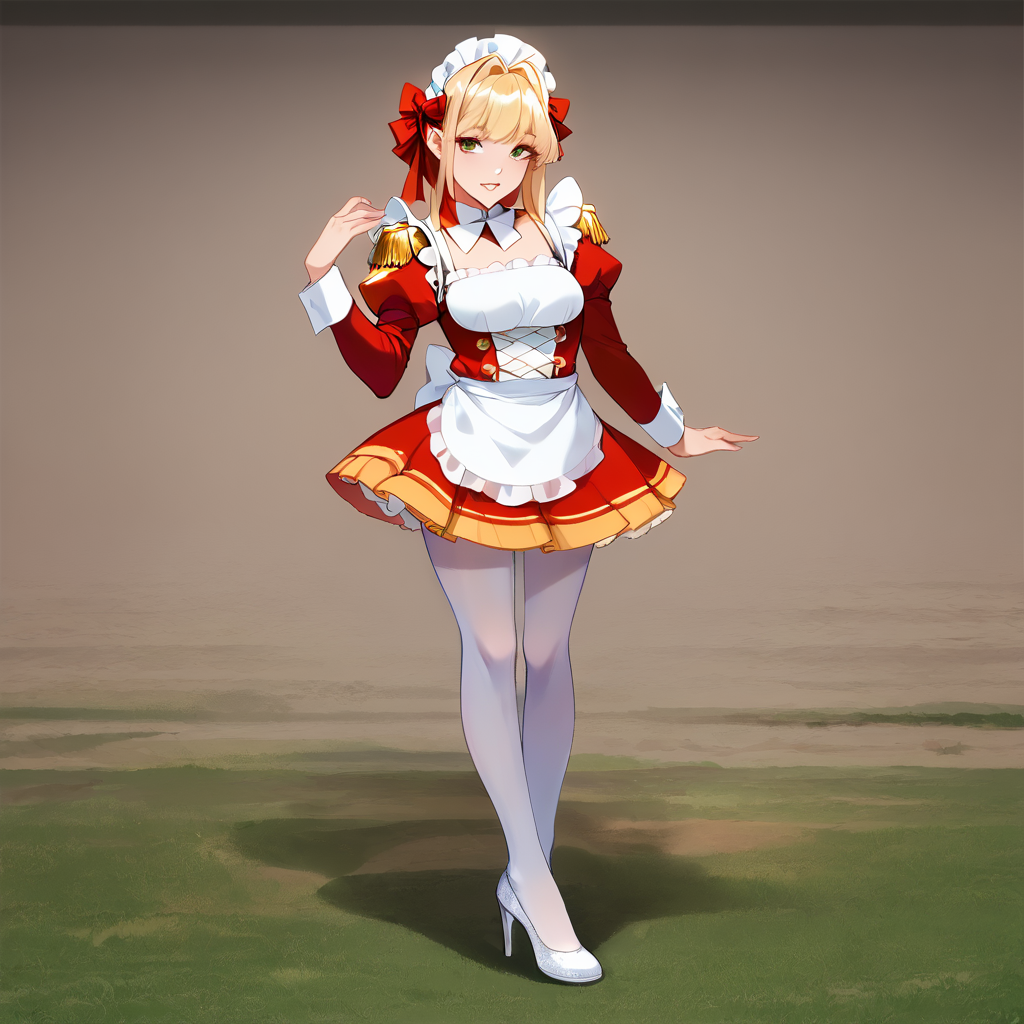 score_9, score_8_up, score_7_up, best quality, masterpiece, source_anime,  BREAK
1girl, , blonde hair, maid, maid headdress, apron, dress, pantyhose, long sleeves, epaulettes, puffy sleeves, d dress, frills, arm support, ribbon, high heels, parted lips, indoor
 <lora:Neromaid:1> <lora:Anime Style 2 SDXL_LoRA_Pony Diffusion V6 XL:1>