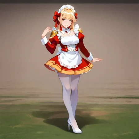 score_9, score_8_up, score_7_up, best quality, masterpiece, source_anime,  BREAK
1girl, , blonde hair, maid, maid headdress, apron, dress, pantyhose, long sleeves, epaulettes, puffy sleeves, d dress, frills, arm support, ribbon, high heels, parted lips, indoor
 <lora:Neromaid:1> <lora:Anime Style 2 SDXL_LoRA_Pony Diffusion V6 XL:1>