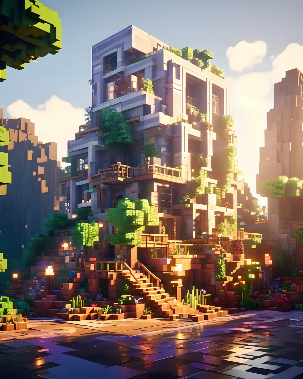 Blocky and pixelated aesthetic,pixel art,4k,realistic,game CG rendering,nature light,shadows,minecraft,<lora:minecraft:1>,
modern building,