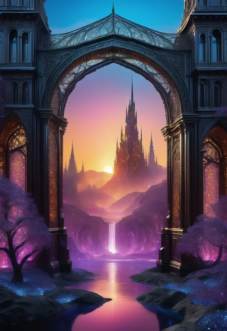Masterpiece, best quality, ultra-detailed, 8K, cinematic lighting, volumetric lighting, perfect shadows, depth of field, stunning composition, hyperrealistic textures.
A colossal floating kingdom forged from dark, polished iron, suspended in a sky ablaze with swirling auroras of violet, magenta, and gold. Towering iron spires, engraved with intricate filigree, rise high, refracting ethereal light through their crystalline inlays. Massive bridges of ornately carved steel connect hovering islands, their surfaces adorned with glowing, bioluminescent veins of molten gold and silver. Waterfalls of liquid metal cascade in shimmering hues of electric blue and deep crimson, vanishing into the void below.
The air vibrates with raw energy as floating iron lanterns, glowing with fiery orange, sapphire, and amethyst light, drift through the endless sky. Archways of gleaming blackened steel, inlaid with shifting runes of cyan and ruby, pulse with mechanical brilliance. Endless fields of metallic flora, their silver and obsidian petals humming softly, sway in the celestial breeze. This radiant, mechanical world pulses with chromatic energy—an endless fusion of industrial might and cosmic wonder