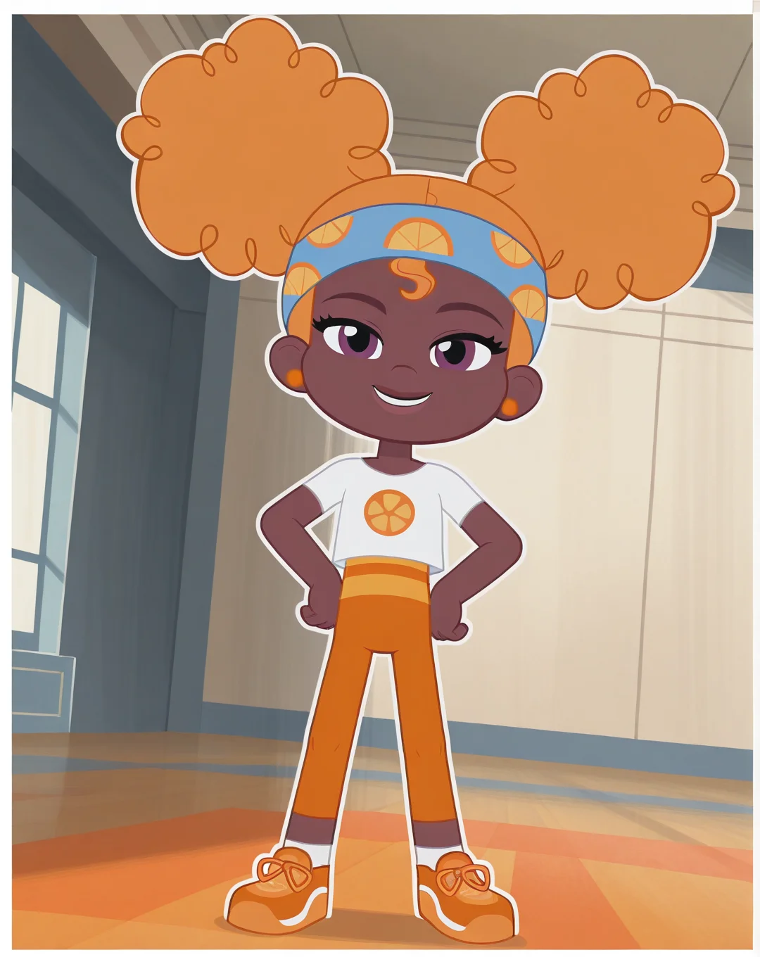 Orange_Blossom, 1girl, solo, dark brown skin, ginger curly hair, afro puffs, double buns hair, violet eyes, orange studded earrings, sky-blue headband, white t-shirt, darker orange leggings, orange tennis shoes, short socks, (smile, dutch angle, Hands on hips,naughty pose, looking at viewer, indoors, elegant room, solo, dynamic pose, full_body, head tilt,),((white background, White frame, white outline))