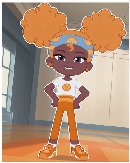 Orange_Blossom, 1girl, solo, dark brown skin, ginger curly hair, afro puffs, double buns hair, violet eyes, orange studded earrings, sky-blue headband, white t-shirt, darker orange leggings, orange tennis shoes, short socks, (smile, dutch angle, Hands on hips,naughty pose, looking at viewer, indoors, elegant room, solo, dynamic pose, full_body, head tilt,),((white background, White frame, white outline))
