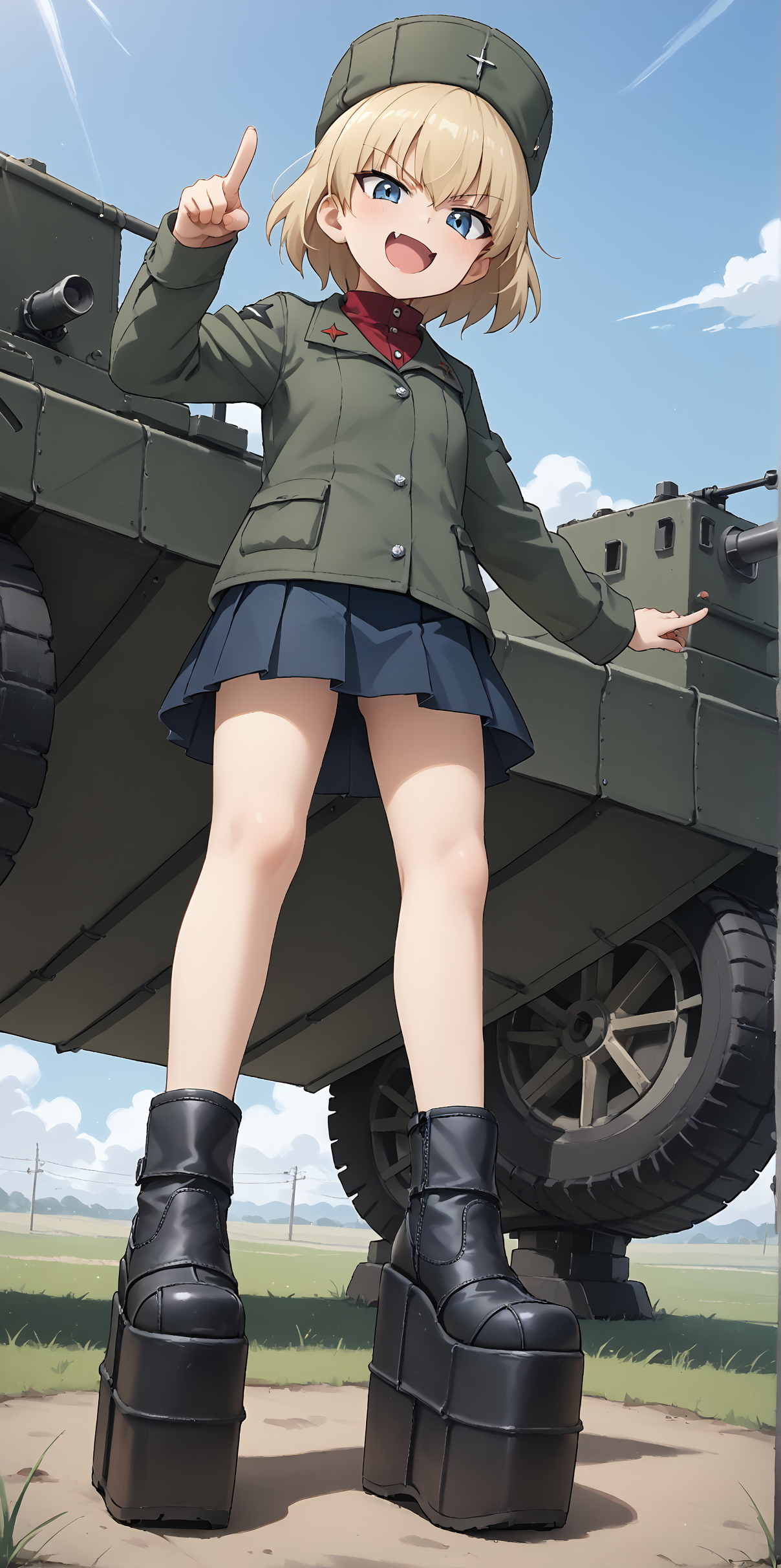 score_9, score_8_up, score_7_up, score_6_up, source_anime,
(low angle:1.3),
katyusha \(girls und panzer\), 1girl, blonde hair, short hair, blue eyes, fang,
red turtleneck, green collared jacket, long sleeves, pleated skirt, miniskirt, 
shapka hat,
smug,
pointing, yelling,
standing,
1girl,
(ï»¿st4ck shoes:1.1), (platform footwear:1.4), 
winter, field, battlefield, tank (vehicle),
embedding:zPDXLrl ,
embedding:zPDXL2 ,