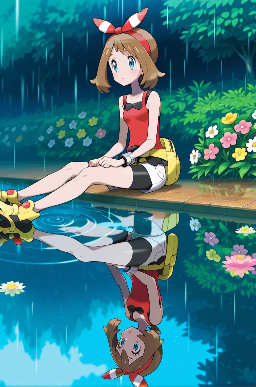 , source_anime, intricate details, masterpiece, high quality, prefect hands, best quality, detailed eyes , solo,,, anime coloring,cinematic lighting,
 flower, outdoors, water, white flower, pink flower, scenery, reflection, rain,  ripples, yellow flower, puddle, colorful, abstract, , pokemon (creature), sitting , 
<lora:May_-_Pokémon_Illustrious:1> shirt, brown hair, blue eyes, eyelashes, small breast , hair ribbon, jewelry, shorts, shoes, sleeveless, bracelet, sleeveless shirt, short shorts, red shirt, bike shorts, white shorts, red hairband, yellow footwear, bow hairband, striped ribbon, fanny pack, yellow bag, bike shorts under shorts,tank top <lora:Sugimori_v2:1> sugimori