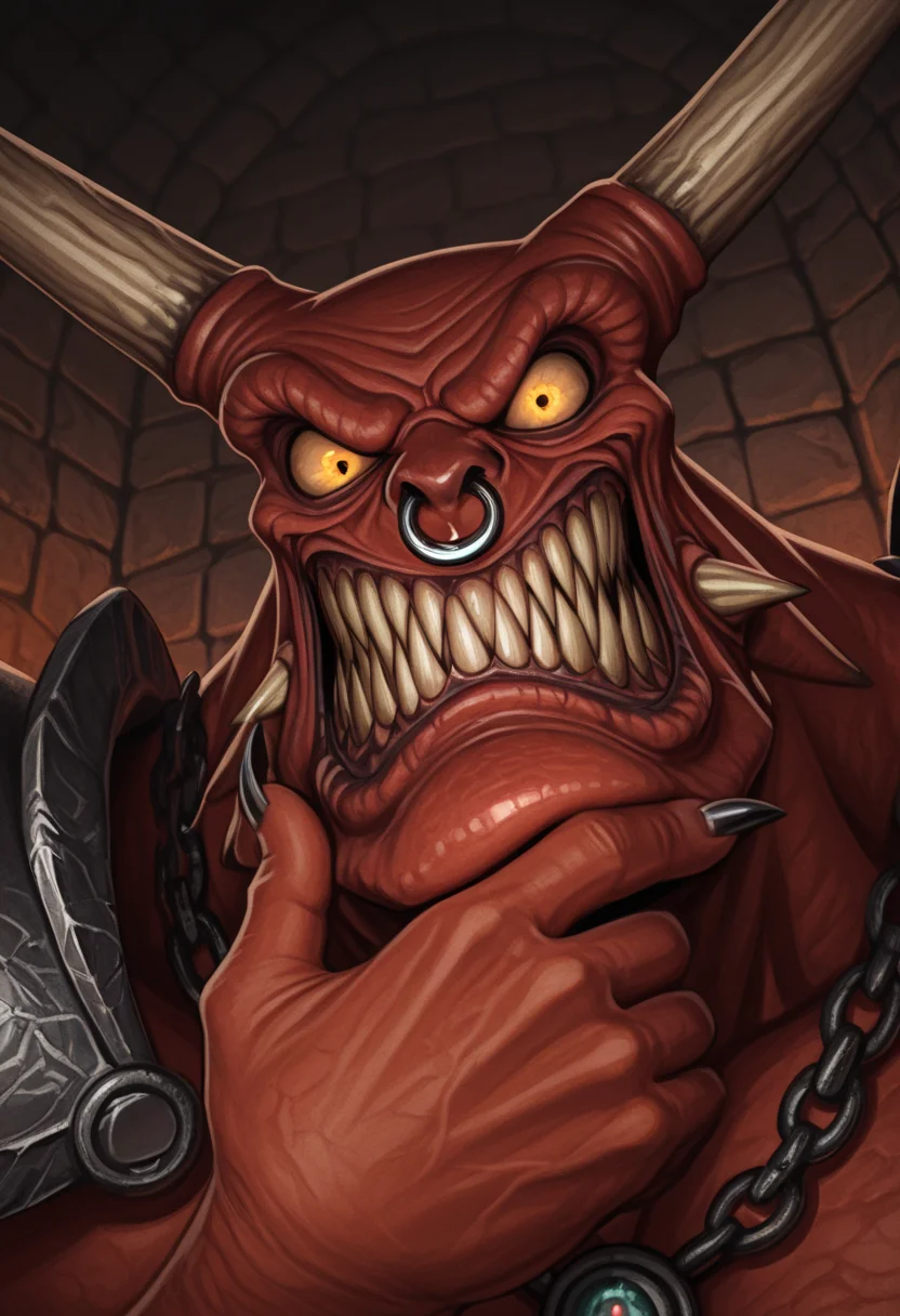 from angle, 1man, nose ring, sharp teeth, long mouth, clenched teeth, shoulder pads, angry, necklace, horned_reaper, face close-up, horror, dungeon background, hand on chin, black claw nails,
,masterpiece,best quality,amazing quality
