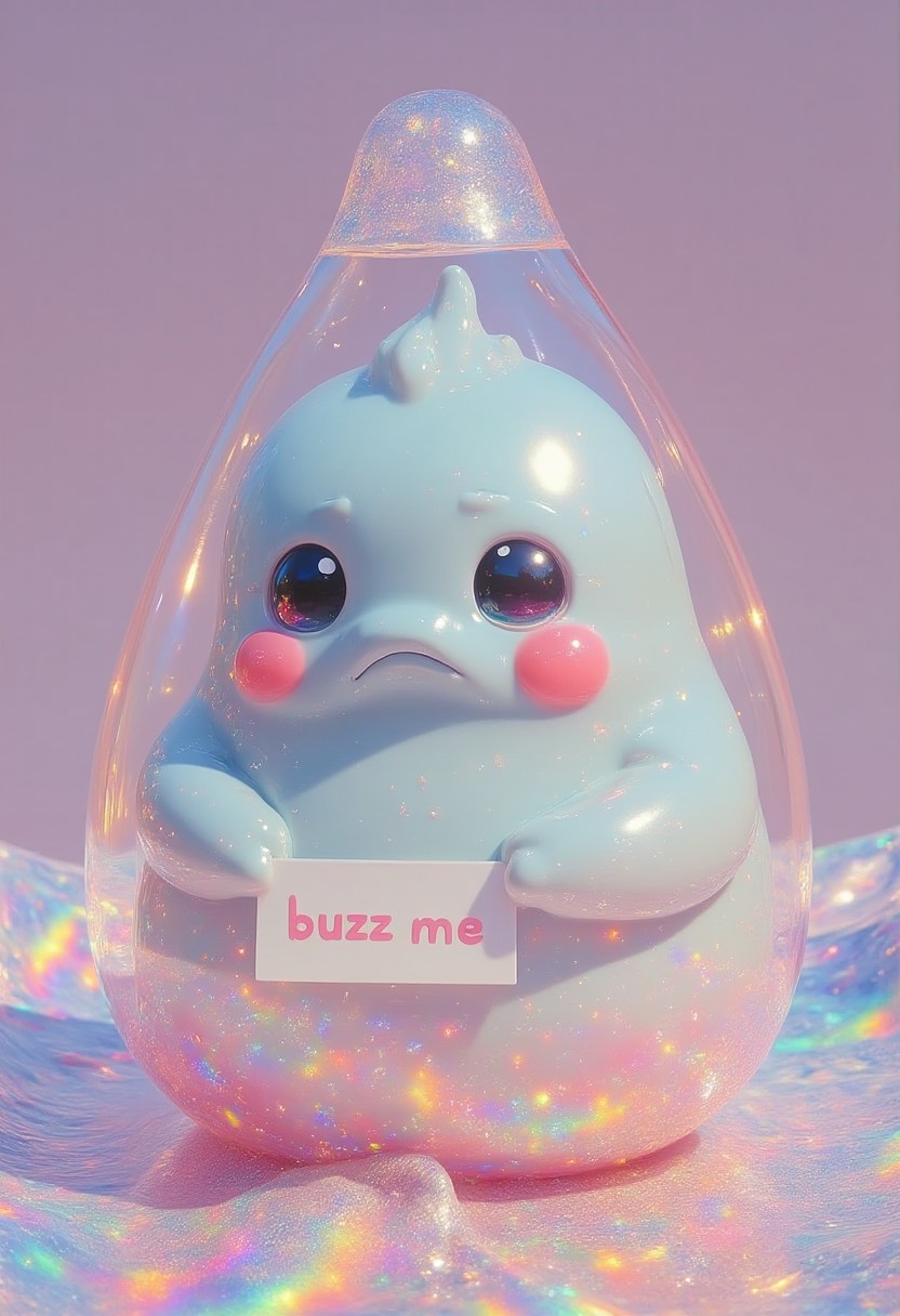 A translucent, light-blue blob-like creature resembling a character from a cartoon or anime is submerged in a body of iridescent liquid. The creature's shape is bulbous, and it appears to be contained within a transparent, teardrop-shaped vessel, with a slightly elongated neck. 
The creature's face is a mix of pale pink, light blue, and soft pastel colors. It has large,  huge sad-looking eyes with a hint of blue in them and rosy blush on its cheeks. Its expression is calm yet slightly melancholic. 
The creature holds a sign that says “buzz me” 
The liquid surrounding the creature shimmers with a rainbow of pastel colors, including pinks, yellows, blues, and greens, creating a rainbow-like effect. The reflections and textures suggest a watery or glassy surface with ripples. The colors are somewhat soft and the outlines are diffuse, giving a dreamy and ethereal quality to the entire scene.