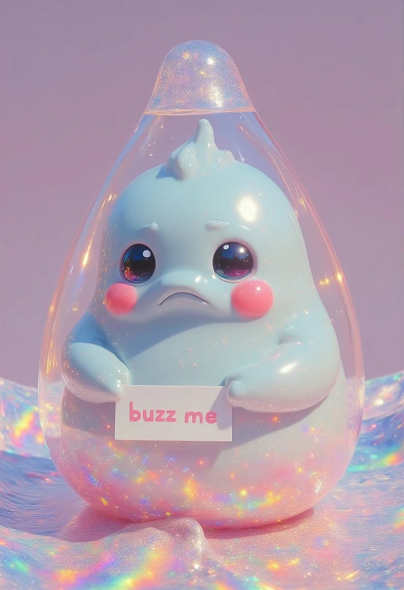 A translucent, light-blue blob-like creature resembling a character from a cartoon or anime is submerged in a body of iridescent liquid. The creature's shape is bulbous, and it appears to be contained within a transparent, teardrop-shaped vessel, with a slightly elongated neck.
The creature's face is a mix of pale pink, light blue, and soft pastel colors. It has large, huge sad-looking eyes with a hint of blue in them and rosy blush on its cheeks. Its expression is calm yet slightly melancholic.
The creature holds a sign that says “buzz me”
The liquid surrounding the creature shimmers with a rainbow of pastel colors, including pinks, yellows, blues, and greens, creating a rainbow-like effect. The reflections and textures suggest a watery or glassy surface with ripples. The colors are somewhat soft and the outlines are diffuse, giving a dreamy and ethereal quality to the entire scene.