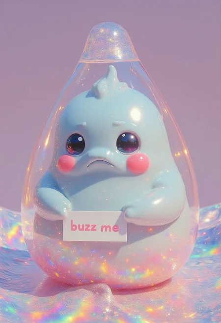 A translucent, light-blue blob-like creature resembling a character from a cartoon or anime is submerged in a body of iridescent liquid. The creature's shape is bulbous, and it appears to be contained within a transparent, teardrop-shaped vessel, with a slightly elongated neck. 
The creature's face is a mix of pale pink, light blue, and soft pastel colors. It has large,  huge sad-looking eyes with a hint of blue in them and rosy blush on its cheeks. Its expression is calm yet slightly melancholic. 
The creature holds a sign that says “buzz me” 
The liquid surrounding the creature shimmers with a rainbow of pastel colors, including pinks, yellows, blues, and greens, creating a rainbow-like effect. The reflections and textures suggest a watery or glassy surface with ripples. The colors are somewhat soft and the outlines are diffuse, giving a dreamy and ethereal quality to the entire scene.