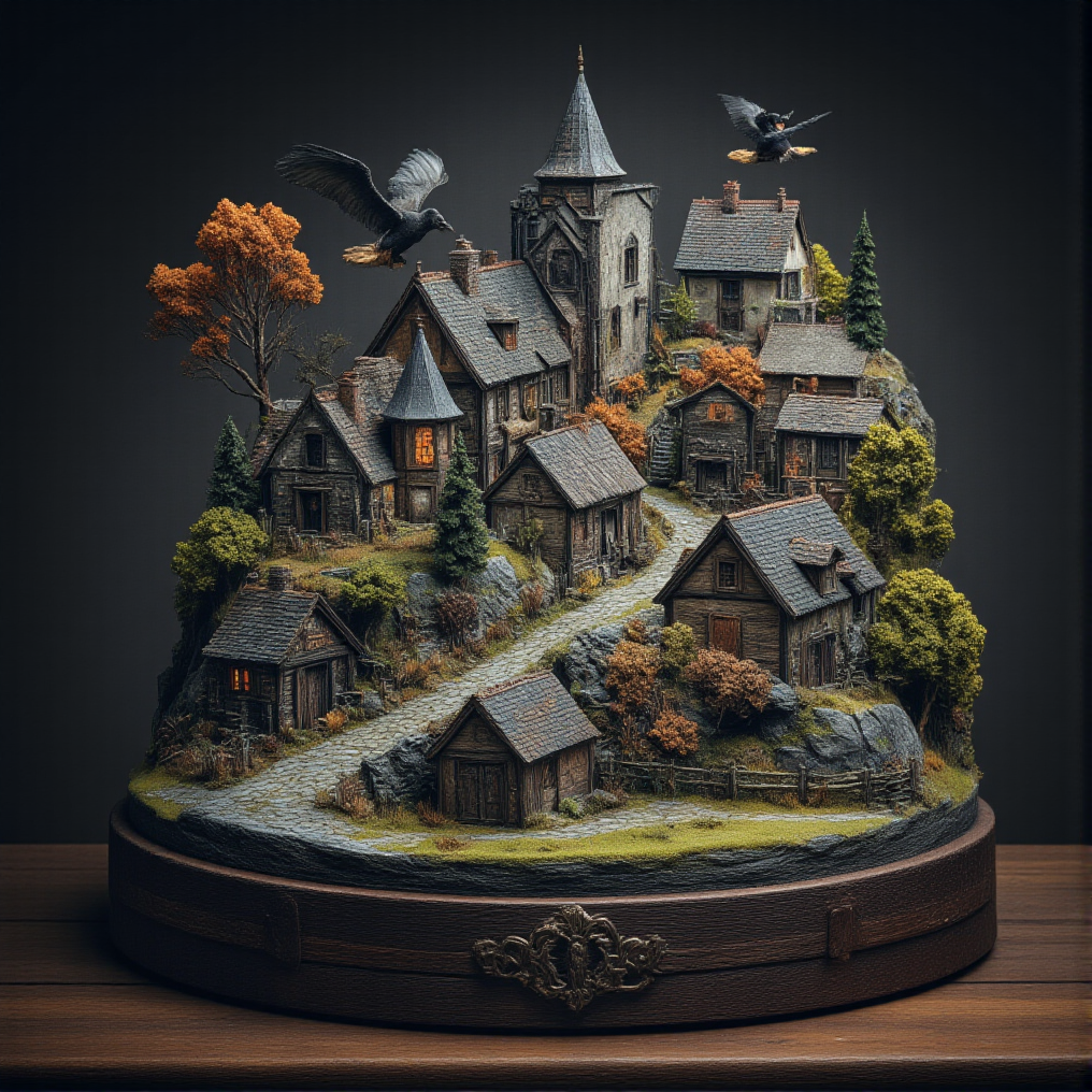 This is a miniature diorama that recreates a town lined with old buildings reminiscent of Medieval Europe, and a world where young, beautiful witches fly through the sky on broomsticks. It is placed next to a grimoire. Each roof and wall is carefully weathered, and professional lighting gives it an indistinguishable finish from the real thing.
<lora:Flux.1_Turbo_Detailer:0.7>, <lora:Diorama_Flux:0.9>