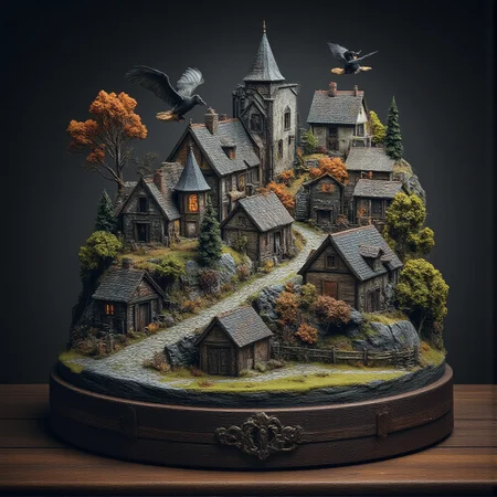 This is a miniature diorama that recreates a town lined with old buildings reminiscent of Medieval Europe, and a world where young, beautiful witches fly through the sky on broomsticks. It is placed next to a grimoire. Each roof and wall is carefully weathered, and professional lighting gives it an indistinguishable finish from the real thing.
<lora:Flux.1_Turbo_Detailer:0.7>, <lora:Diorama_Flux:0.9>