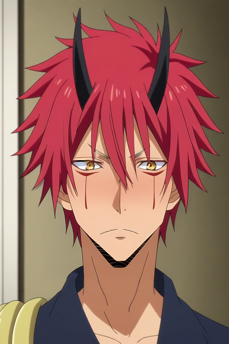 score_9, score_8_up, score_7_up, source_anime, rating_safe, intricate details, anime screencap, anime coloring, , looking at viewer, , 1boy, solo, male focus, <lora:benimaru_tensura_pony:0.84>, benimaru_tensura, red hair, yellow eyes, hair between eyes, horns, oni horns, facial mark, wide angle, wide shot, full body, times square, light, arm support, embarrassed, nose blush, , <lora:sdxl_lightning_8step_lora:1>