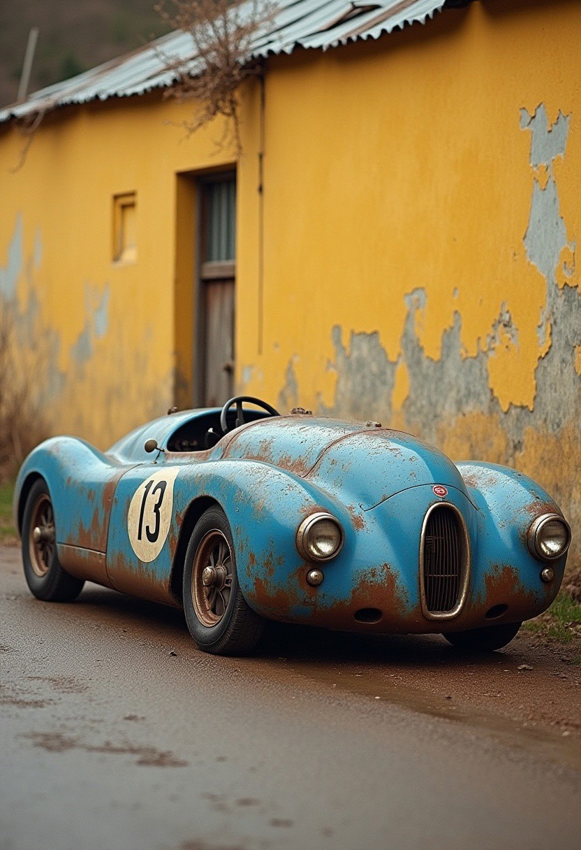an old worn, rusted and muddy blue very low, extremely long  bugatti race car with number 13, profile view, against an old dilapidated yellow wall (with no marking). High definition, realistic photo