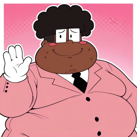 high quality, masterpiece, gay, BREAK male, mr. branch, shading, 1boy, cartoony, square glasses, dot eyes, brown skin, curly hair, afro, fat, overweight, short male, fat, big moobs,, thick arms, plump, looking at viewer, nervous, happy, smile, mouth open, closeup
BREAK pink suit, black necktie, waving, icon, pfp, cute, blush stickers. white cartoony gloves, bust shot, upper body,  pink bacground
