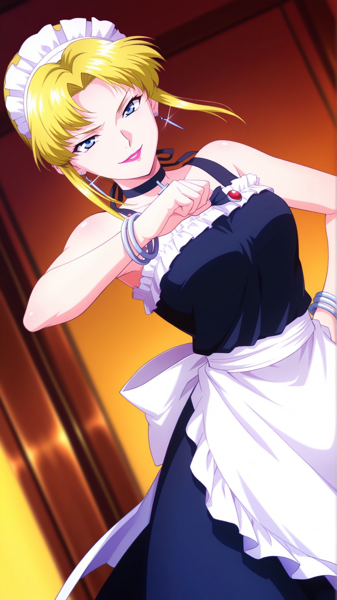 source_anime, general, best quality, masterpiece, 1girl,  <lora:Simone_Curian_ill_v1.0:1> simone_curian\(srw\),blue eyes, blonde hair, short hair,sidelocks,earrings, jewelry, choker, lipstick, bare shoulders, cross earrings, bracelet, maid, maid headdress, maid apron, happy, (smug:0.7),   dynamic pose, dutch angle,