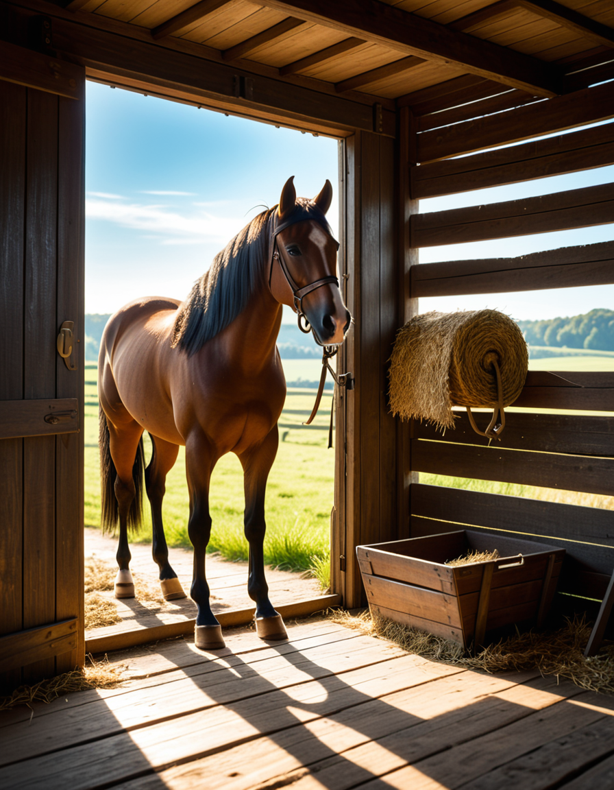 A rustic horse stable in the countryside, built with aged wooden beams and stone foundations, bathed in warm golden sunlight. The stable doors are slightly open, revealing the soft hay-covered floor inside. Horses stand calmly in their stalls, their glossy coats catching the light. Dust particles float in the air, illuminated by the sunbeams filtering through the gaps in the wooden planks. The atmosphere is serene, with a vintage, timeless feel. Weathered saddles and bridles hang neatly on the stable walls, and an old wooden cart sits nearby. The background features rolling green fields and a clear blue sky, creating a peaceful rural setting. Ultra-detailed, photorealistic, warm tones, cinematic lighting, sharp textures.
<lora:SDXLFaeTastic2400:0.4> <lora:extremely_detailed:0.4> extremely detailed,<lora:rustic_horse_st4bl3:1>,rustic horse st4bl3, Masterpiece,best quality,hi res,8k,hi res,8k,award winning,(sharp focus, intricate, highly detailed),