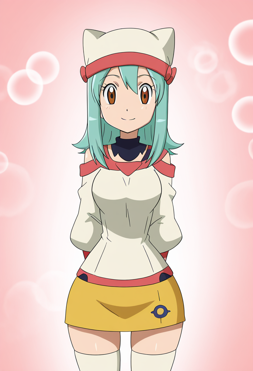masterpiece, best quality, solo, curvy, beautiful eyes, large breasts, aged up, narrow waist, wide hips, 1girl, solo, smile, looking at viewer,    zzYumei, brown eyes, aqua hair,  animal ear headwear, white shirt, bare shoulders, yellow miniskirt, white thighhighs, zettai ryouiki  <lora:YumeiByKurumiErika_IXL:1.0>,  hands behind back, chest forward, cowboy shot, smile, looking at viewer,