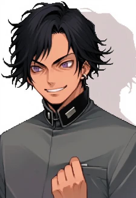 score_9, score_8_up, score_7_up, source_anime, 1boy, solo, smile, cocky, confidant
<lora:zs_DevilSurvivorPortraitsXL:1> devilsurvivorportraits, portraits, white background
<lora:-pdxl_Fp:1> naoyap1, grey uniform, purple eyes, single earring, emblem