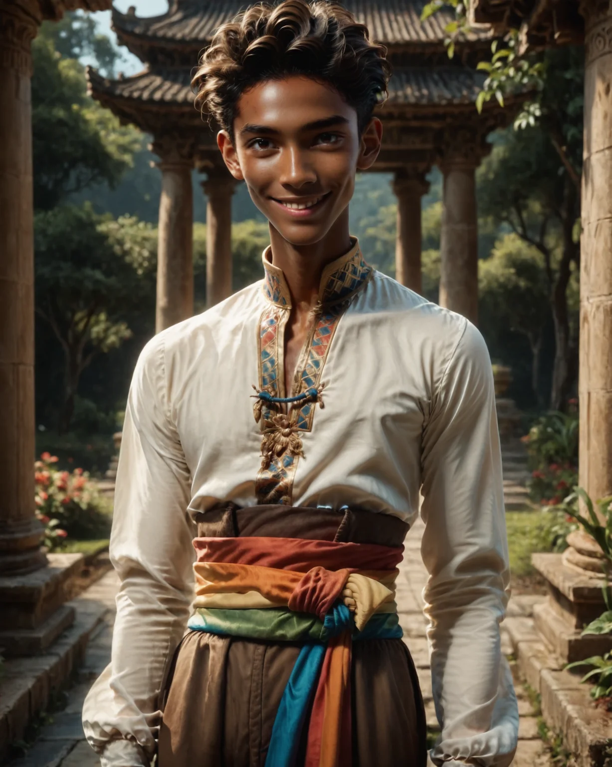 score_9, score_8_up, score_7_up, rating_questionable, intricately detailed, high resolution, fantasy setting,
<lora:Noah_Carroll_Cleric_OC:0.8>,
sunshine, temple garden, summer,
,
1boy(n0ah, dark brown skin, smooth skin, twink, slender, skinny,
white shirt, rainbow sash, brown harem pants
,
portrait, closeup,
front view, solo, looking at the viewer, slight smile),
<lora:ral-chrosc-clr:0.7>, ral-chrosc-clr,
<lora:Expressive_H:0.5>
<lora:xl_more_art-full_v1:0.3>,
<lora:add-detail-xl:0.3>