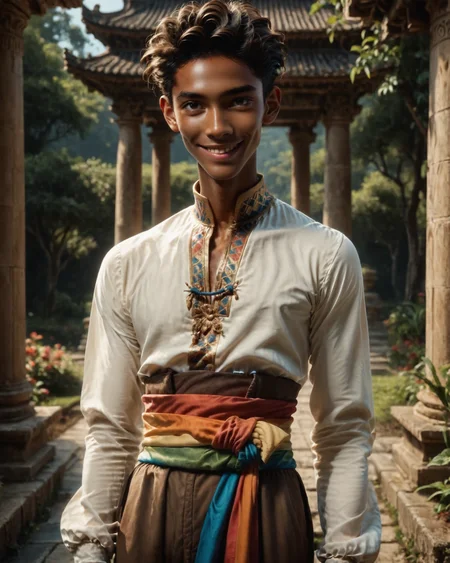 score_9, score_8_up, score_7_up, rating_questionable, intricately detailed, high resolution, fantasy setting,
<lora:Noah_Carroll_Cleric_OC:0.8>,
sunshine, temple garden, summer,
,
1boy(n0ah, dark brown skin, smooth skin, twink, slender, skinny,
white shirt, rainbow sash, brown harem pants
,
portrait, closeup,
front view, solo, looking at the viewer, slight smile),
<lora:ral-chrosc-clr:0.7>, ral-chrosc-clr,
<lora:Expressive_H:0.5>
<lora:xl_more_art-full_v1:0.3>,
<lora:add-detail-xl:0.3>