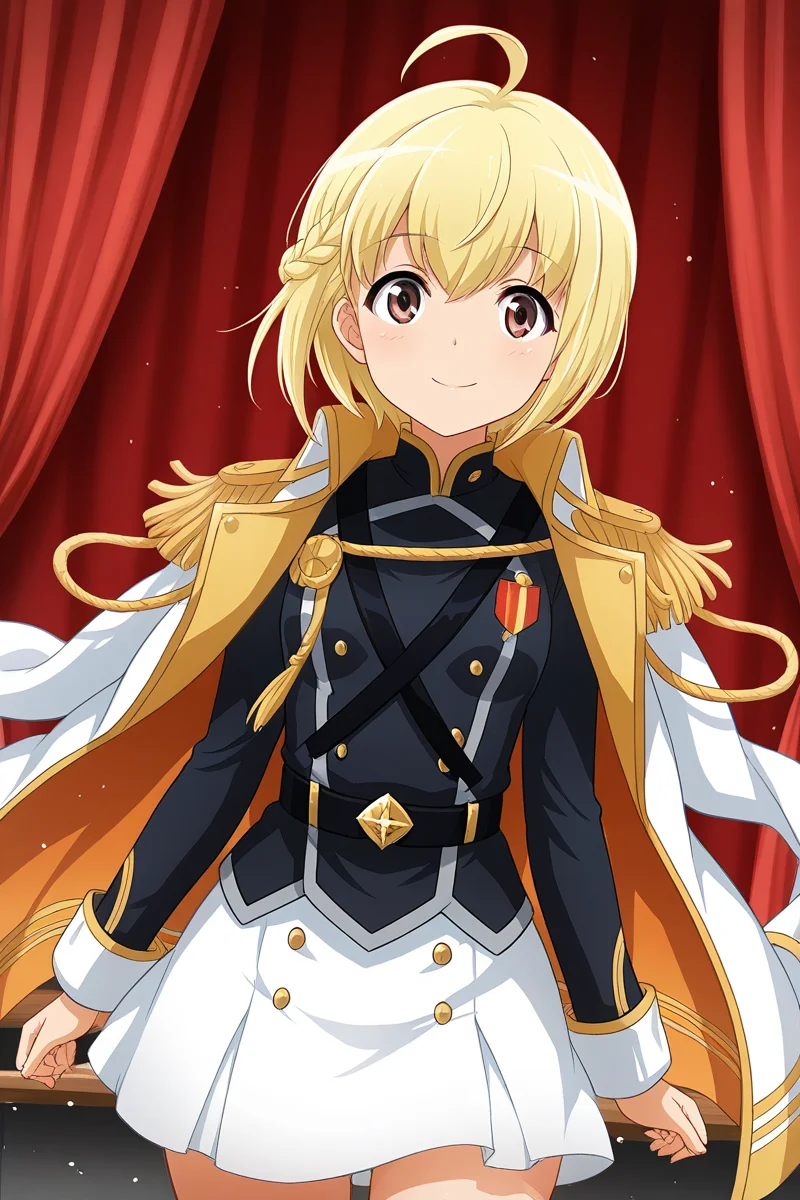 masterpiece, best quality, amazing quality,
<lora:Otori_IL:1> michiru, 1girl, blonde hair, epaulettes, solo, ahoge, looking at viewer, uniform, smile, skirt, military uniform, short hair, braid, military, jacket, white skirt, aiguillette, brown eyes, double-breasted, jacket on shoulders, buttons, stage outfit, red curtains