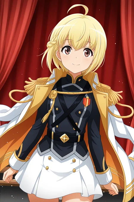 masterpiece, best quality, amazing quality,
<lora:Otori_IL:1> michiru, 1girl, blonde hair, epaulettes, solo, ahoge, looking at viewer, uniform, smile, skirt, military uniform, short hair, braid, military, jacket, white skirt, aiguillette, brown eyes, double-breasted, jacket on shoulders, buttons, stage outfit, red curtains