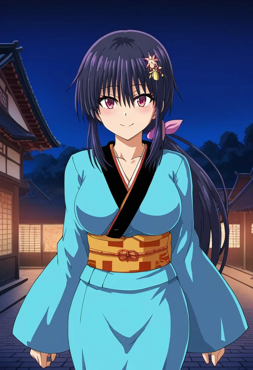 score_9, score_8_up, score_7_up, source_anime, anime screencap, 1girl, solo focus, karin, dark violet hair, red eyes, long hair, lavender hair ribbon, hair flower, hair ornament, low ponytail, blue kimono, large breasts, sash, obi, smiling, blushing, looking at viewer, cute BREAK outdoors, feudal japan, town, dark background, night,