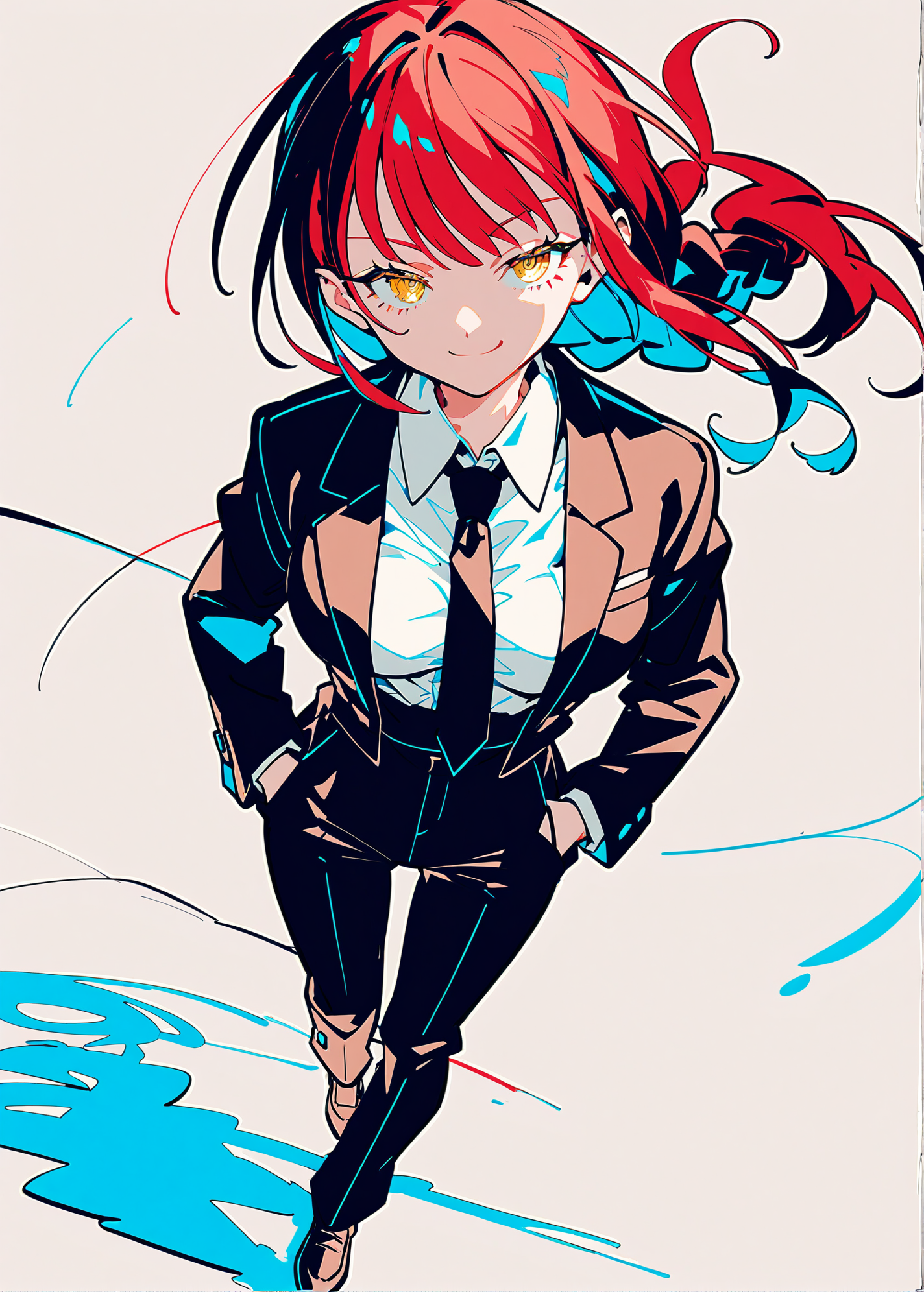 (score_9,score_8_up,score_7_up),
<lora:GIAST STYLE_tpony:0.8>,
,(giast:1.7),(colorful:1.3),(white background:1.2),,flat color, limited palette, low contrast,multicolored hair,
1girl, solo, braid, necktie, shirt, pants, black pants, black necktie, white shirt, braided ponytail, shirt tucked in, long hair, formal, collared shirt, suit, red hair, high-waist pants, black coat, coat, long sleeves, jacket, hand in pocket, breasts, black jacket, business suit, medium breasts, simple background, best quality, amazing quality, very aesthetic, absurdres,makima \(chainsaw man\), gold eyes,smug, closed mouth, bloo,((dark)),from above, looking up,