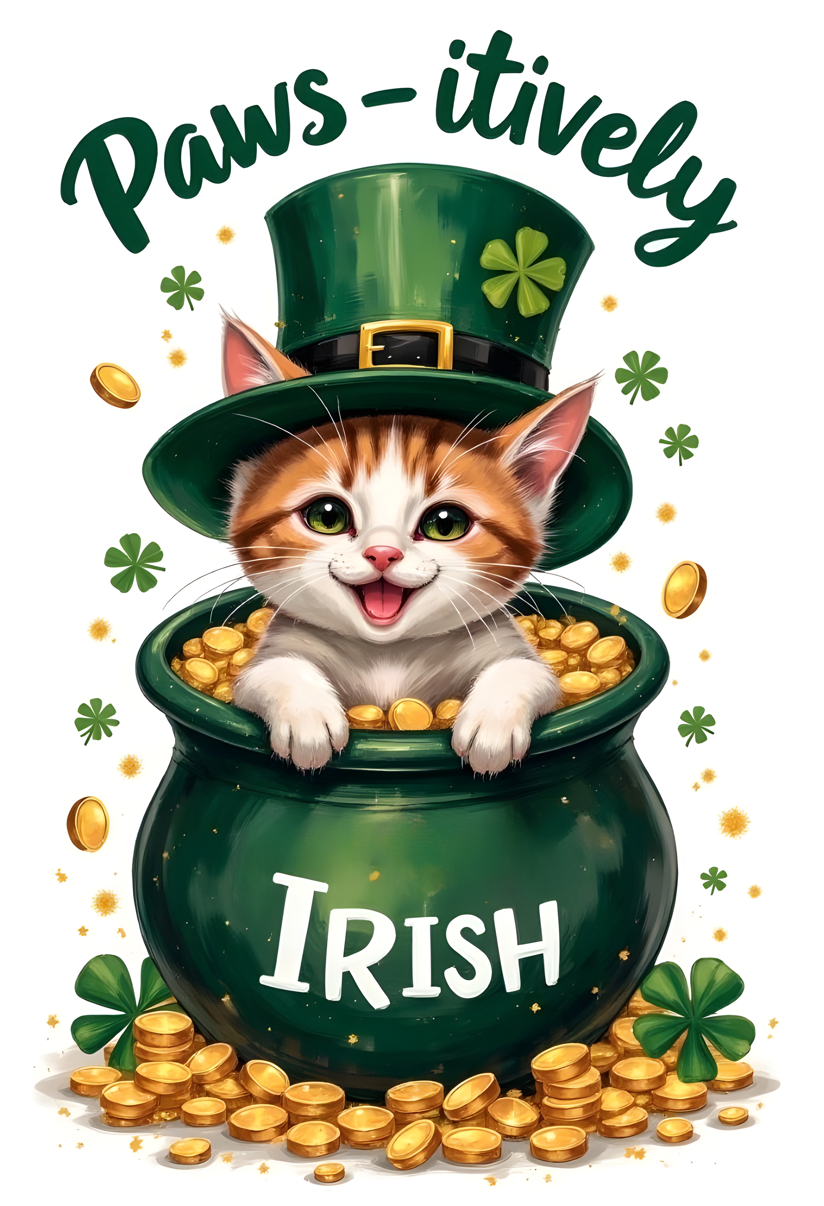 cinna flow, An adorable kitten wearing a leprechaun hat and sitting inside a pot of gold. The phrase ‘Paws-itively Irish’ is written in a fun, bouncy font with little paw prints surrounding it.