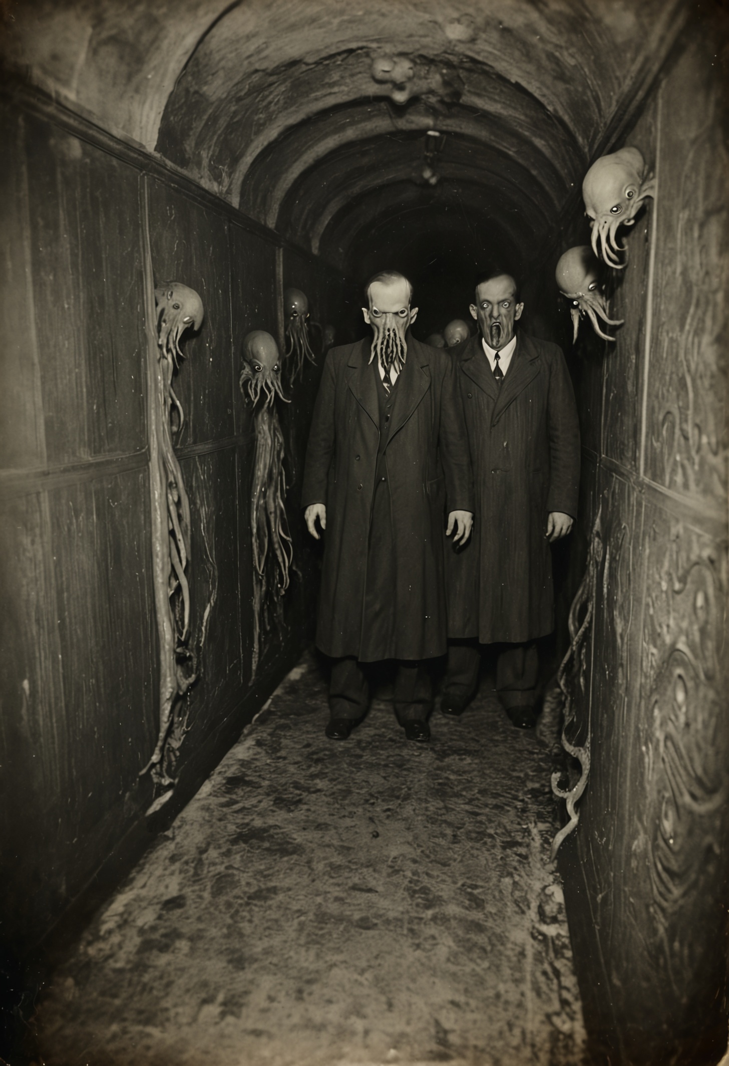 antique photo, eerie atmosphere, creepy, descent into madness, cthulhu mythos, nameless ones,  horror, lovecraft, <lora:Antique_Photo:1>