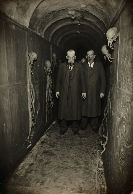 antique photo, eerie atmosphere, creepy, descent into madness, cthulhu mythos, nameless ones,  horror, lovecraft, <lora:Antique_Photo:1>