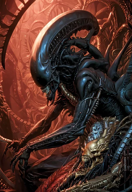 An insanely Detailed Divine Xenomorph, Golden and silver in color, cyberpunk, a crimson tinge to the golden color, Hyperdetailed, Omnipresent, Beautiful, Sinister overtones, otherworldly,