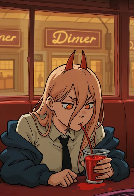 b4tm3t41style, masterpiece, best quality, solo, power \(chainsaw man\), red horns, drinking blood smoothie, straw, street, seated in diner, warm colors, window,