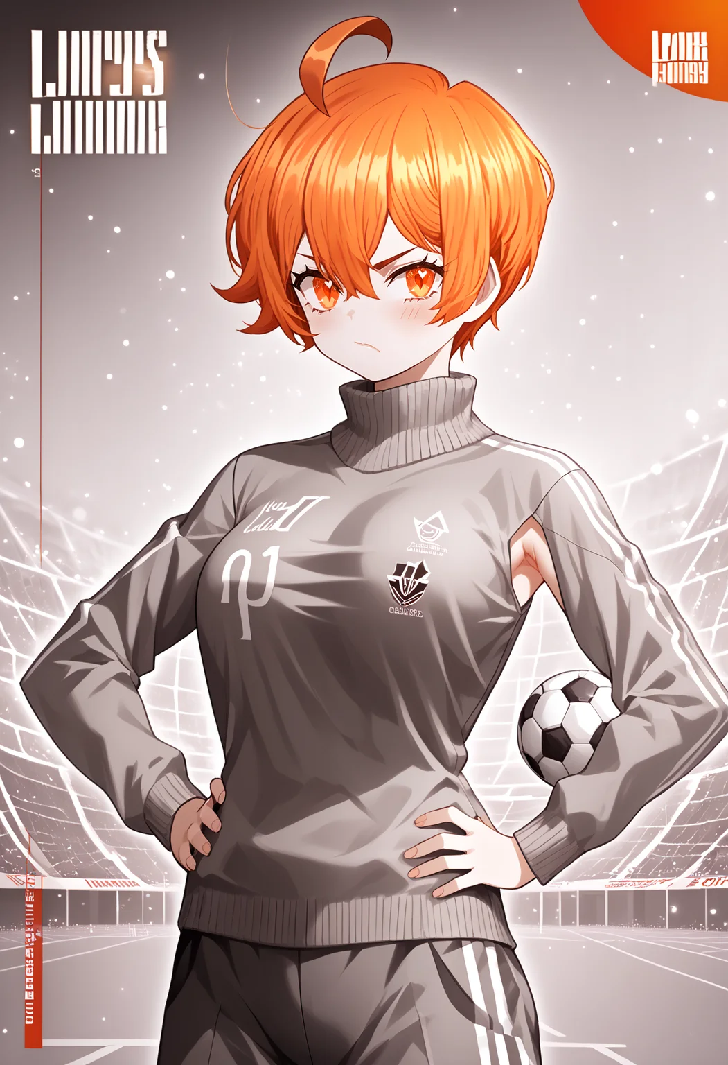 score_9, score_7_up, source_anime, uncensored, zPDXLxxx, vector trace, flat color, minimalist, limited palette, high contrast, <lora:intricate_details:0.5> intricate_details_xl, <lora:ProjectMoon_Style_v1.1:1.3> PM Style, (particles:1.2), gorgeous, chibi inset, cut-in, armpit focus, soccer field, day
1girl, solo, li, large breasts, orange hair, pixie cut, sidelocks, heart ahoge, short hair, orange eyes, looking at viewer, Sweater, hands on hips, determined,