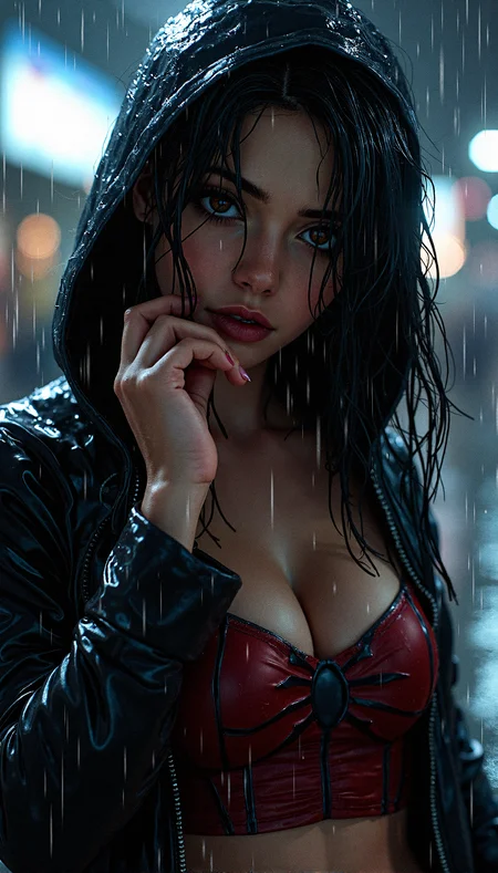Extreme realistic depiction of a Wet Beauty Under Night Rain, in upper body shot, curvaceous glamorous body, hair hair over one eye,  extremely wet, realistic wet skin texture, realistic wet clothing heavy rain, realistic fabric texture, casual shirt and a spider-man hooded jacket,  crop top, adjusting her wet hair, head tilted slightly down.

Show a few wet hair flyaways around her face, catching the light and adding a natural, slightly messy look.detailed iris patterns in her eyes, with subtle color variations and a bright highlight, glossy texture to her nails, with soft reflections and a natural curve, adding to the overall wet appearance.

Leaning forward slightly with her hand resting on her chin, looking straight ahead with a thoughtful expression.