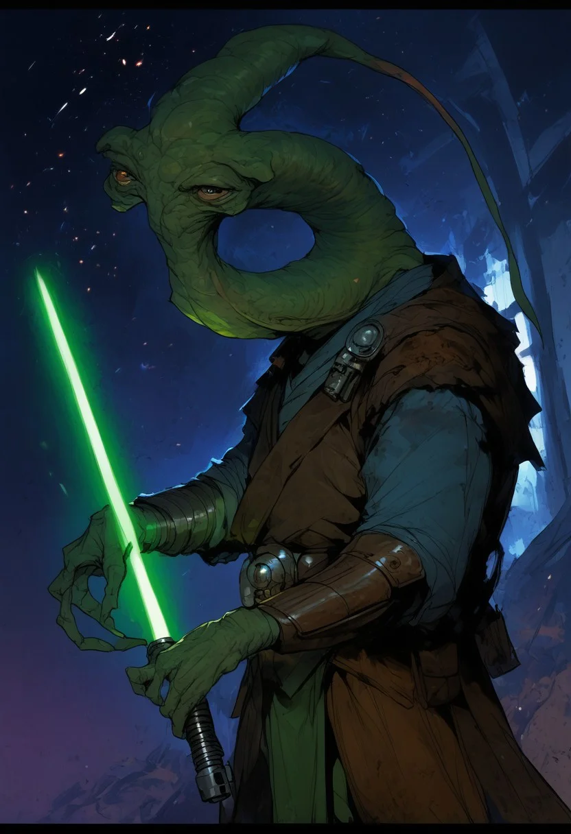 score_9, score_8_up, score_7_up, BREAK,
ithorian hammerhead alien on a space station, window showing stars and wormhole, dramatic lights, (((holding green lightsaber))), swordsman stance, Jedi Knight, Heroic Stance, (((ithorian hammerhead alien)))