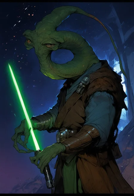 score_9, score_8_up, score_7_up, BREAK,
ithorian hammerhead alien on a space station, window showing stars and wormhole, dramatic lights, (((holding green lightsaber))), swordsman stance, Jedi Knight, Heroic Stance, (((ithorian hammerhead alien)))