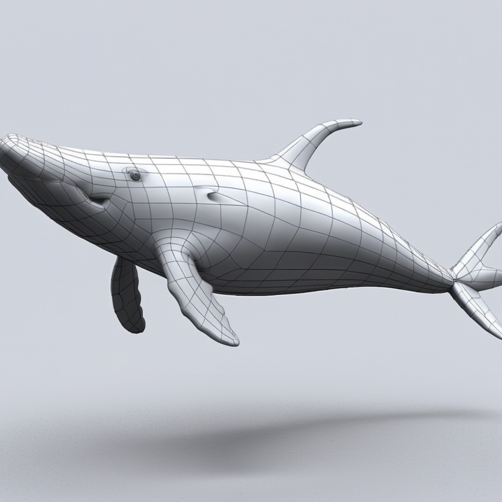 <lora:3dpolygonStyle:1>,3dm,monochrome,grey  grid color matching,Create a 3D animation style image of a the whale,