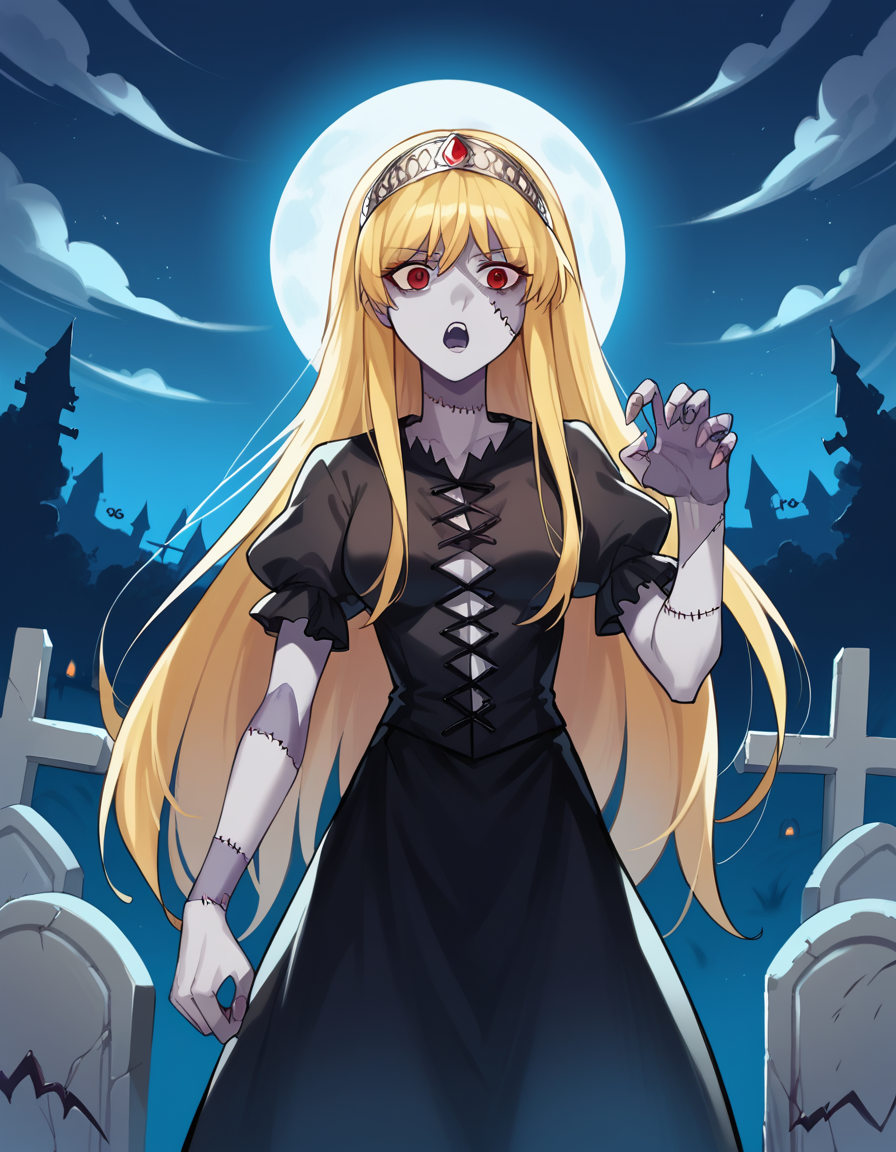 score_9, score_8_up, score_7_up, source_anime, <lora:kaibutsuoujo-liliane-s1-ponyxl-lora-nochekaiser:1>, liliane, long hair, blonde hair, red eyes, very long hair, tiara, medium breasts,, <lora:zombie-ponyxl-lora-nochekaiser:1>, zombie, colored skin, stitches, grey skin, multicolored skin, stitched face, zombie pose, halloween, halloween costume,, night, moon, graveyard, tombstone, grave, open mouth, , dutch angle, cowboy shot