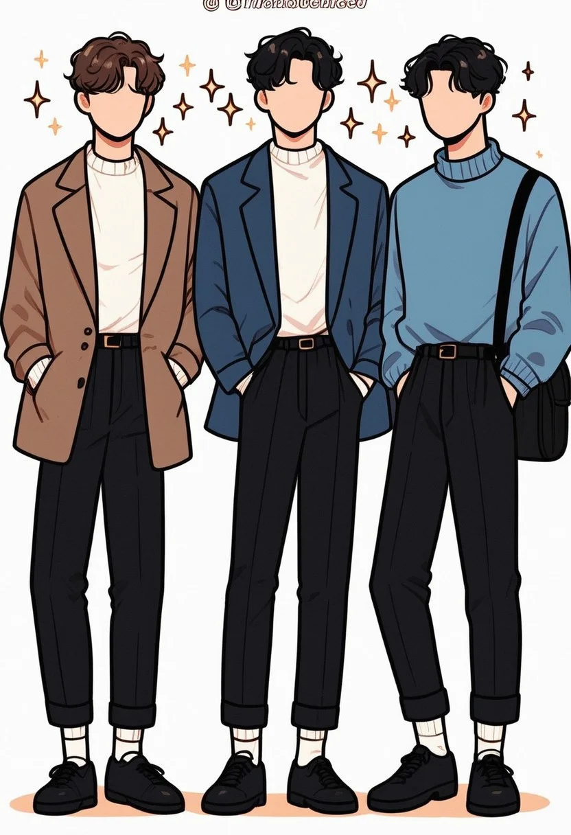 pants, black footwear, black pants, male focus, jacket, shoes, white background, belt, black hair, sweater, multiple boys, socks, sparkle, hand in pocket, bag, white shirt, simple background, short hair, shirt, white sweater, black bag, long sleeves, full body, standing, faceless, multiple views, shoulder bag, blue sweater, brown hair, blue jacket, , 3BOYS, thick outline, black outline, hoodie, cowboy shot, brown jacket, open clothes, no mouth, shorts