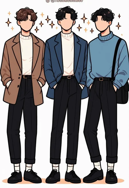 pants, black footwear, black pants, male focus, jacket, shoes, white background, belt, black hair, sweater, multiple boys, socks, sparkle, hand in pocket, bag, white shirt, simple background, short hair, shirt, white sweater, black bag, long sleeves, full body, standing, faceless, multiple views, shoulder bag, blue sweater, brown hair, blue jacket, , 3BOYS, thick outline, black outline, hoodie, cowboy shot, brown jacket, open clothes, no mouth, shorts