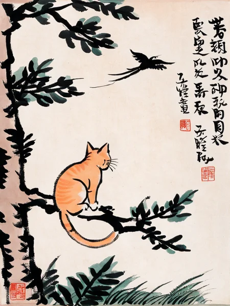 a ginger cat on a tree branch, hunting a flying bird, by Feng Zikai <lora:fengzikai_v1.0_XL:0.9>