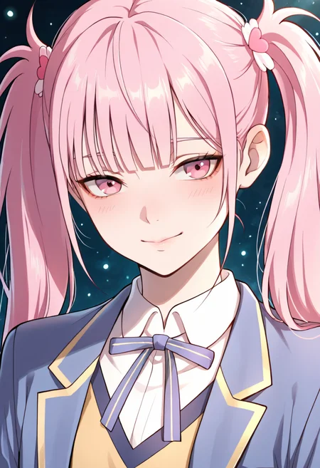 <lora:Li Tianxi School Uniform2:0.8>,15_Li Tianxi School UniformWoman,long hair,bangs,twintails,pink hair,side ponytail,pink eyes,shirt,ribbon,twintails,medium breast,light skin,1girl,school uniform,blue jacket,white shirt,collared shirt,neck ribbon,
(Character), masterpiece,best quality,intricate details,gothic fantasy,upper body portrait,dramatic pose,confident gaze,cinematic lighting,clean background,glowing magical particles,detailed face,vibrant colors.,