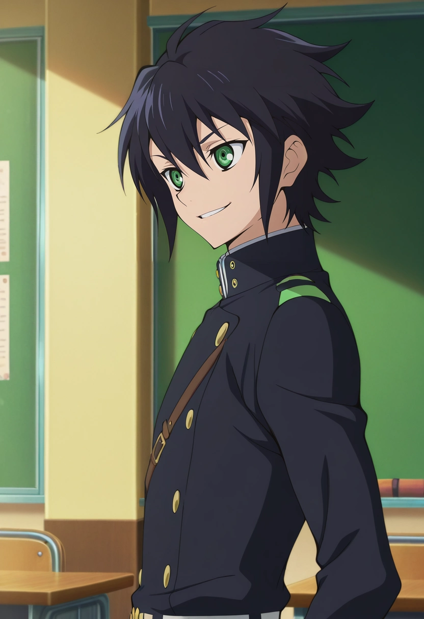 masterpiece, best quality, , anime screencap, anime coloring, official style, , 1boy, solo, male focus, <lora:yuuichirou_hyakuya_ilxl:0.98>, yuuichirou_hyakuya, black hair, green eyes, short hair, hair between eyes, , , from side, classroom, indoors, (pose), naughty smile, swashbuckler costume
