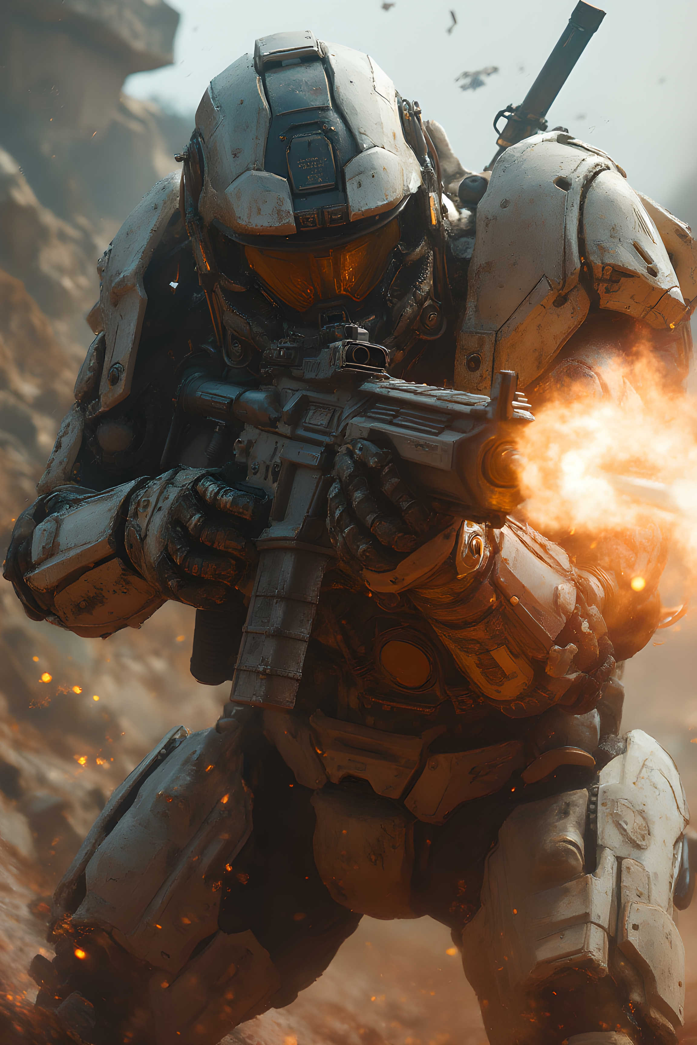 masterpiece, UHD, 8K, best quality, super detailed, battle, afternoon, close up shot, dynamic angles, sharp, practical lighting, best light, focus with blurred background, war, fighting, Skeletal Battle Suit, gun, assault rifle, shoulder weapon, missile pod, ((gunfight, gun action, gunfight, holding a gun with both hands)), ((flames and smoke rise from the nozzle every time a bullet is fired from an assault rifle, and the weapon shakes due to recoil)), ((nozzle flash, nozzle firing)), sci-fi, motion blur, realistic, combat, explosion, firing, dirt, sea spray, sparks, missile pod, twin launcher, shoulder weapon, rail gun, grenade launcher, no humans, Battle Suit, Assault rifle
