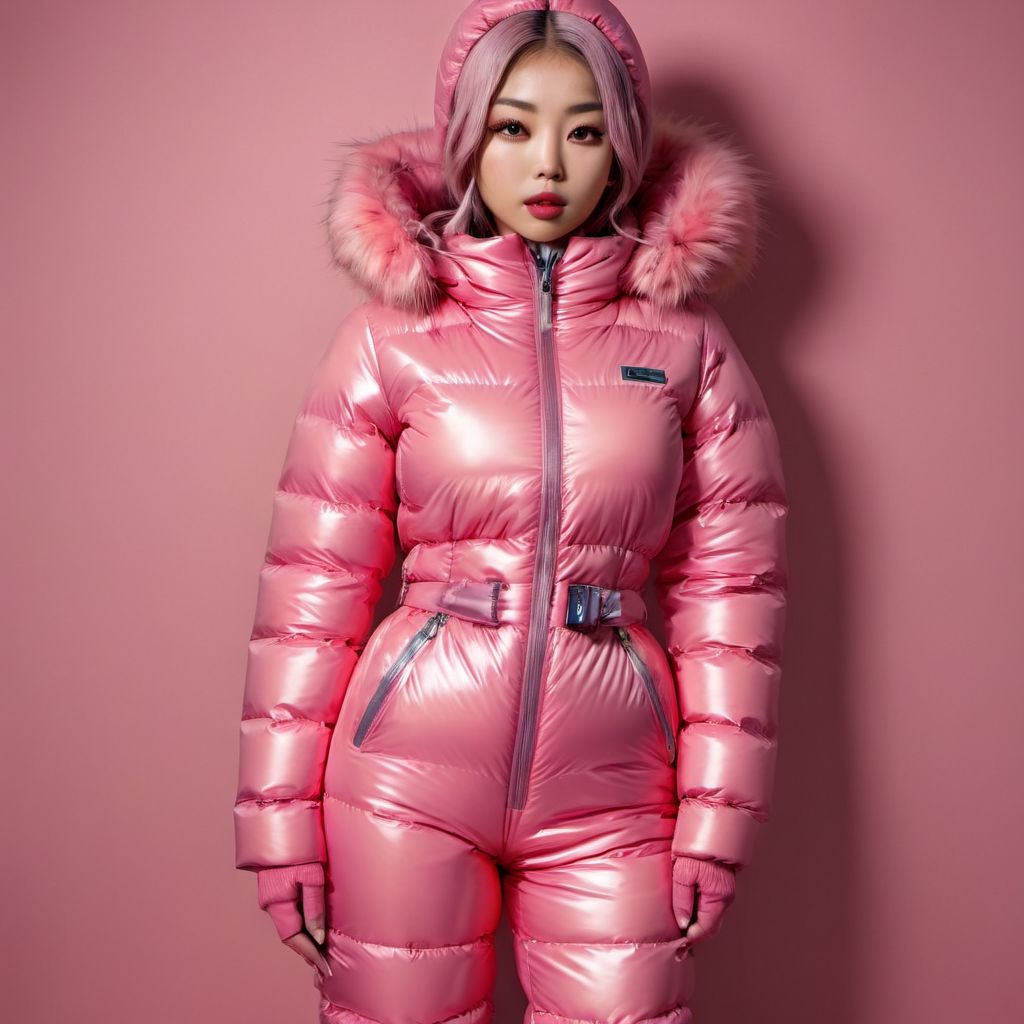 one asian short women wearing a opaque  latex downsuit puffer_downsuit , hyperdetailed photography,4k textures,intricate details,4k resolution,  <lora:puffer_downsuit_v1> Hood over head, restrained, mittens, full body shot