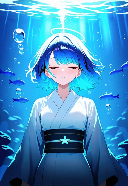 masterpiece, best quality, newest, absurdres, highres, Anime-style illustration featuring a young woman with blue hair, wearing a traditional white and black kimono. She is depicted underwater with her eyes closed, surrounded by bubbles and a small blue fish. The lighting creates a serene and ethereal atmosphere, with light filtering through the water from above. The background includes subtle details of underwater flora, adding to the tranquil scene.